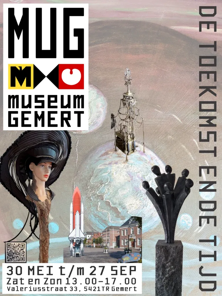 Poster van De toekomst en de tijd met kunstwerken, een klok en een straatbeeld uit Gemert